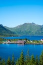 Amazing view at Lofoten islands, Austnesfjorden, Norway. Fjord summer landscape travelers rest area