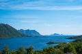 Amazing view at Lofoten islands, Austnesfjorden, Norway. Fjord summer landscape travelers rest area