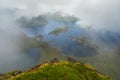 Amazing view of Lofoten islands in the fog, Norway