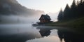 amazing view of lonely house near the Mountain Lake Royalty Free Stock Photo