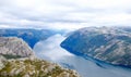 Amazing view of Lysefjord taken from the trail that leads to the summit of the Pulpit Rock Preikestolen. Royalty Free Stock Photo