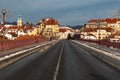 Amazing view of Maribor Old city with bridge on the Drava river before sunrise, Slovenia Royalty Free Stock Photo