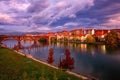 Amazing view of Maribor Old city, Main bridge Stari most on the banks of Drava river before sunrise, Slovenia Royalty Free Stock Photo