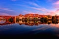 Amazing view of Maribor Old city, Main bridge Stari most on the banks of Drava river before sunrise, Slovenia Royalty Free Stock Photo