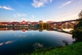 Amazing view of Maribor Old city, Main bridge Stari most on the Drava river at sunrise, Slovenia Royalty Free Stock Photo