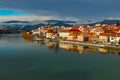 Amazing view of Maribor Old city, medieval water tower on the Drava river at morning, Slovenia Royalty Free Stock Photo