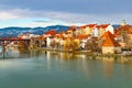 Amazing view of Maribor Old city, medieval water tower on the Drava river at morning, Slovenia Royalty Free Stock Photo