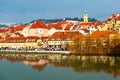 Amazing view of Maribor Old city, medieval water tower on the Drava river at morning, Slovenia Royalty Free Stock Photo