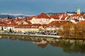 Amazing view of Maribor Old city, medieval water tower on the Drava river at morning, Slovenia Royalty Free Stock Photo