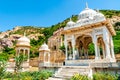 Amazing view of memorial grounds to Maharaja Sawai Mansingh II and family constructed of marble. Gatore Ki Chhatriyan, Jaipur,