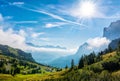 Amazing view of mountain landscape of the Dolomites Alps. Location: Passo Gardena, near Sella group in Dolomites Alps, South Tyrol