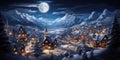 Amazing view of mountain village at Christmas night, ski resort in evening lights. Landscape with snow, moon and sky in winter. Royalty Free Stock Photo