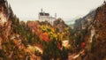 Amazing view of Neuschwanstein castle in autumn season at sunset. Bavaria, Germany. Neuschwanstein castle one of the most popular