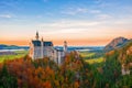 Amazing view on Neuschwanstein Castle at autumn evening, Bavaria, Germany Royalty Free Stock Photo