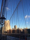 Amazing view at the New York City Brooklyn Bridge in Manhattan with skyscrapers and city skyline over Hudson River winter Royalty Free Stock Photo