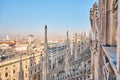 Amazing view of old Gothic spires. Milan Cathedral roof on sunny day, Italy. Milan Cathedral or Duomo di Milano is top Royalty Free Stock Photo