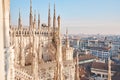 Amazing view of old Gothic spires. Milan Cathedral roof on sunny day, Italy. Milan Cathedral or Duomo di Milano is top