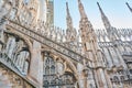 Amazing view of old Gothic spires. Milan Cathedral roof on sunny day, Italy. Milan Cathedral or Duomo di Milano is top Royalty Free Stock Photo