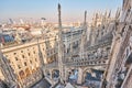 Amazing view of old Gothic spires. Milan Cathedral roof on sunny day, Italy. Milan Cathedral or Duomo di Milano is top Royalty Free Stock Photo