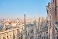 Amazing view of old Gothic spires. Milan Cathedral roof on sunny day, Italy. Milan Cathedral or Duomo di Milano is top Royalty Free Stock Photo
