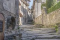 Amazing view of old natural stone street with a fountain in ancient medieval village of Rupit Barcelona Spain