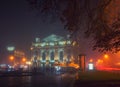 Amazing view of Opera House in Lviv, Ukraine at foggy autumn night Royalty Free Stock Photo