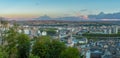 Amazing view over the Belgium city of Liege during a colourful sunset and in the background a dramatic sky wi Royalty Free Stock Photo