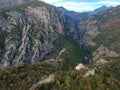 Amazing view over ridomo gorge in mountainous Mani area. At bottom rignt Prophet Helias traditional christian chapel in Mani,