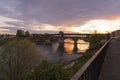 Amazing view of Ponte Coperto (covered bridge) over Ticino river in Pavia at sunset Royalty Free Stock Photo