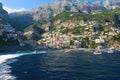 Amazing view of Positano colorful village from a ship in the sea, Amalfi Coast, Italy Royalty Free Stock Photo