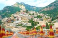 Amazing view of Positano village from the beach, Amalfi Coast, Italy Royalty Free Stock Photo