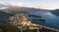 Amazing View from Queenstown Skyline over the alpine city and La Royalty Free Stock Photo