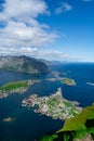 Amazing view from Reinebringen view point. Mountains and blue sea at Lofoten islands. Scenery of Reine fishing village