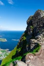 Amazing view from Reinebringen view point. Mountains and blue sea at Lofoten islands. Scenery of Reine fishing village