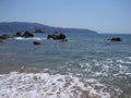 Amazing view of rocks at bay of ACAPULCO city in Mexico with Pacific Ocean waves on sandy beach landscape Royalty Free Stock Photo