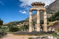 Amazing view of Ruins and Athena Pronaia Sanctuary at Ancient Greek archaeological site of Delphi, Greece Royalty Free Stock Photo