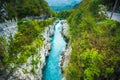 Amazing view of Soca Isonzo river and Napoleon`s bridge near Kobarid Caporetto Slovenia.