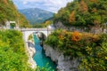 Amazing view of Soca river and Napoleon's bridge near Kobarid, Slovenia Royalty Free Stock Photo