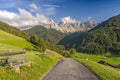 Amazing view of St. Magdalena village, Funes Valley Villnob with Odle Group mountains on background, Dolomiti Alps, Bolzano,