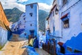 Amazing view of the street in the blue city of Chefchaouen. Location: Chefchaouen, Morocco, Africa. Artistic picture. Beauty world Royalty Free Stock Photo