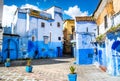 Amazing view of the street in the blue city of Chefchaouen. Location: Chefchaouen, Morocco, Africa. Artistic picture. Beauty world Royalty Free Stock Photo