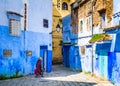 Amazing view of the street in the blue city of Chefchaouen. Location: Chefchaouen, Morocco, Africa. Artistic picture. Beauty world Royalty Free Stock Photo