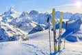 Amazing view of swiss famous moutains in beautiful winter snow. The matterhorn and the Dent d`Herens. In the background Castor