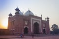 Amazing view on the Taj Mahal in sunset light with reflection in Royalty Free Stock Photo