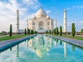 Amazing view on the Taj Mahal in sunset light with reflection in water. The Taj Mahal is an ivory-white marble mausoleum on the Royalty Free Stock Photo