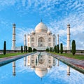 Amazing view on the Taj Mahal in sunset light with reflection in water. The Taj Mahal is an ivory-white marble mausoleum on the Royalty Free Stock Photo