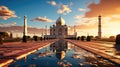 Amazing view on the Taj Mahal in sunset light with reflection in water. The Taj Mahal is an white marble mausoleum at India Royalty Free Stock Photo