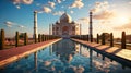 Amazing view on the Taj Mahal in sunset light with reflection in water. The Taj Mahal is an white marble mausoleum at India Royalty Free Stock Photo