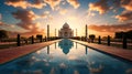 Amazing view on the Taj Mahal in sunset light with reflection in water. The Taj Mahal is an white marble mausoleum at India Royalty Free Stock Photo