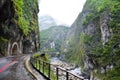 Amazing view of Taroko Gorge in Taroko National Park, Taiwan. Taiwanese landscape. Steep rocks along river, green forest. Misty Royalty Free Stock Photo